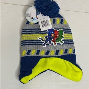 Kids Pom-Pom Earflap Beanie in Navy, Gray & Neon Yellow